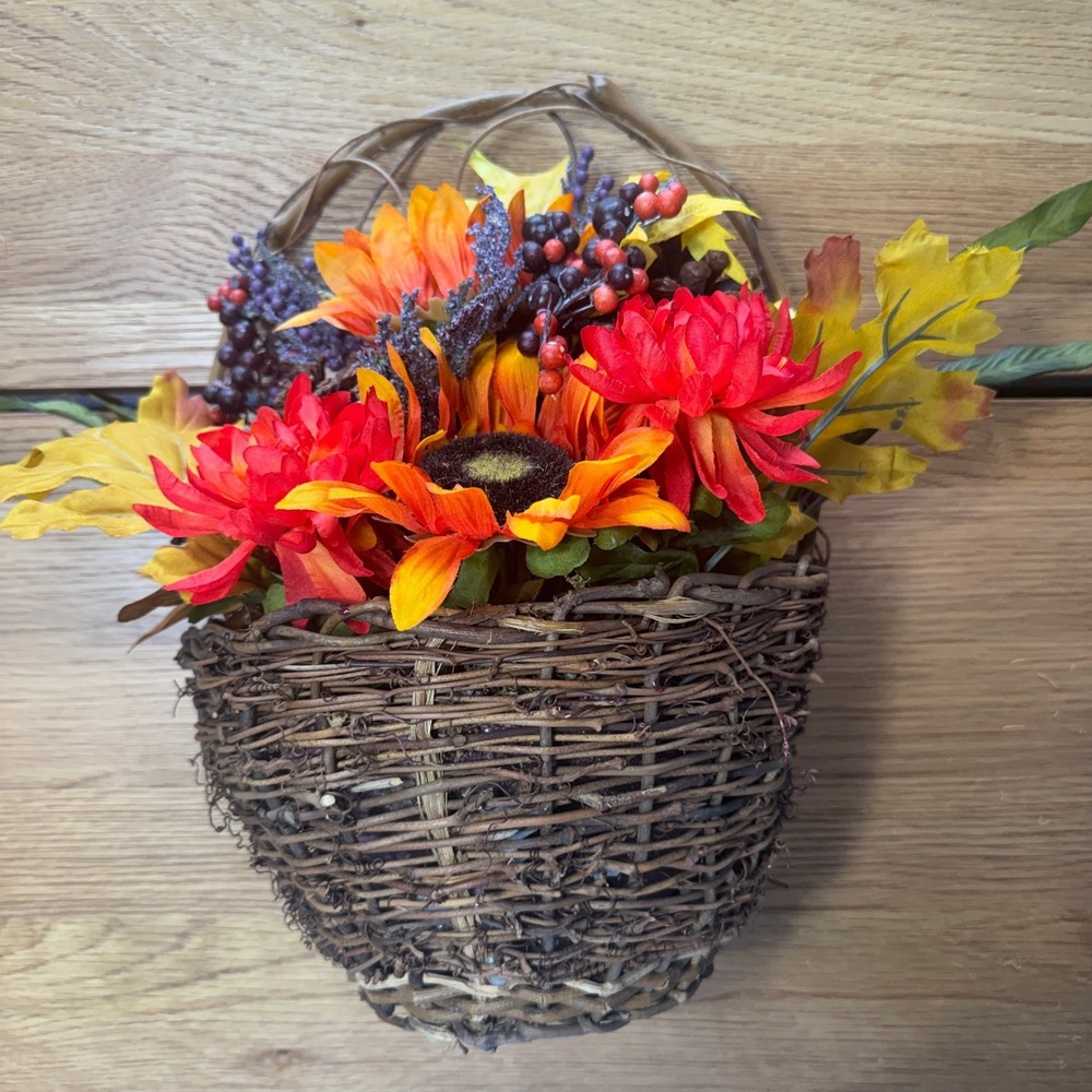 Autumn Floral Wall Basket Arrangement Sunflowers Dahlias Berries Fall Decor